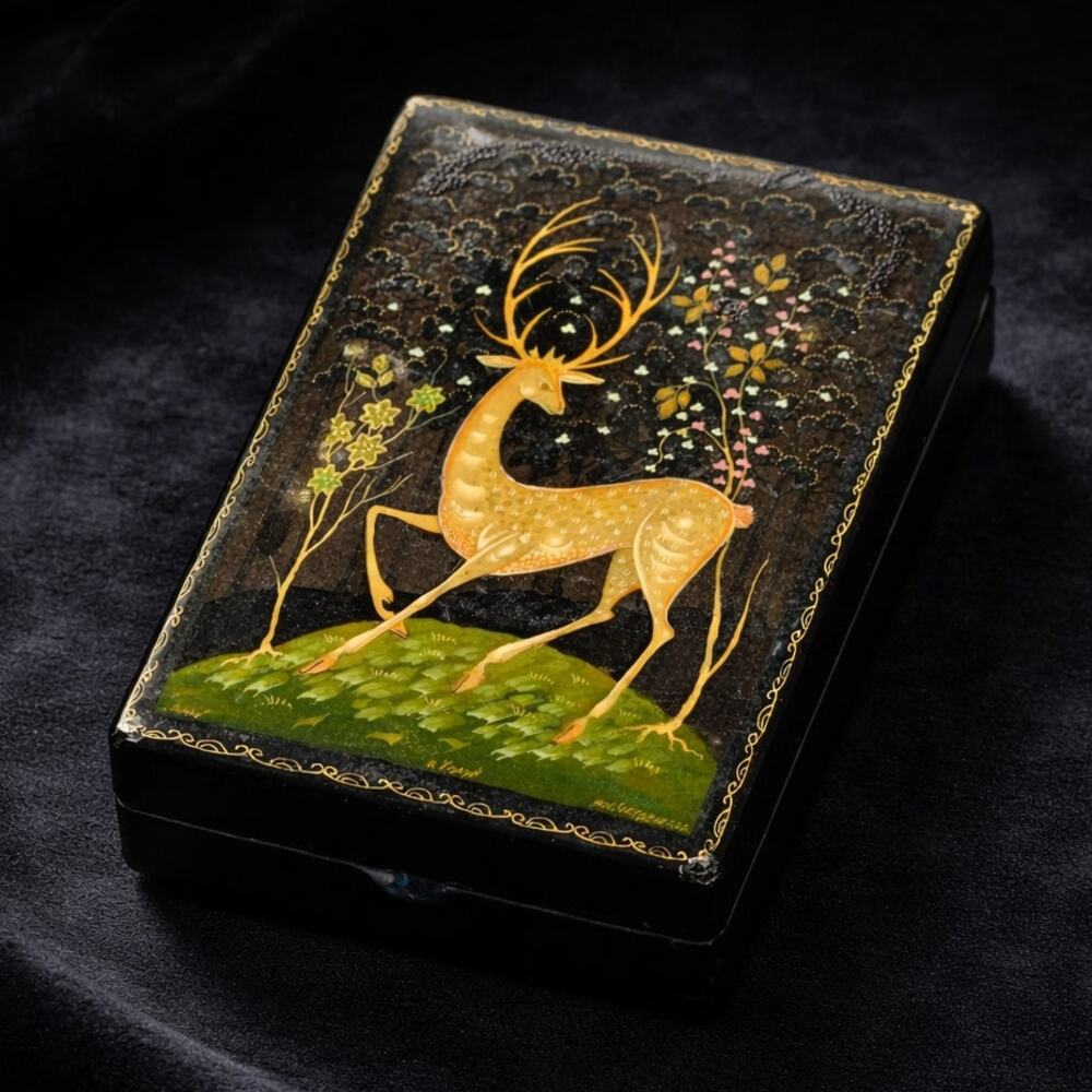 Kholuy Russian Lacquer Miniature Box | Signed & Hand Painted Deer Lan Scene